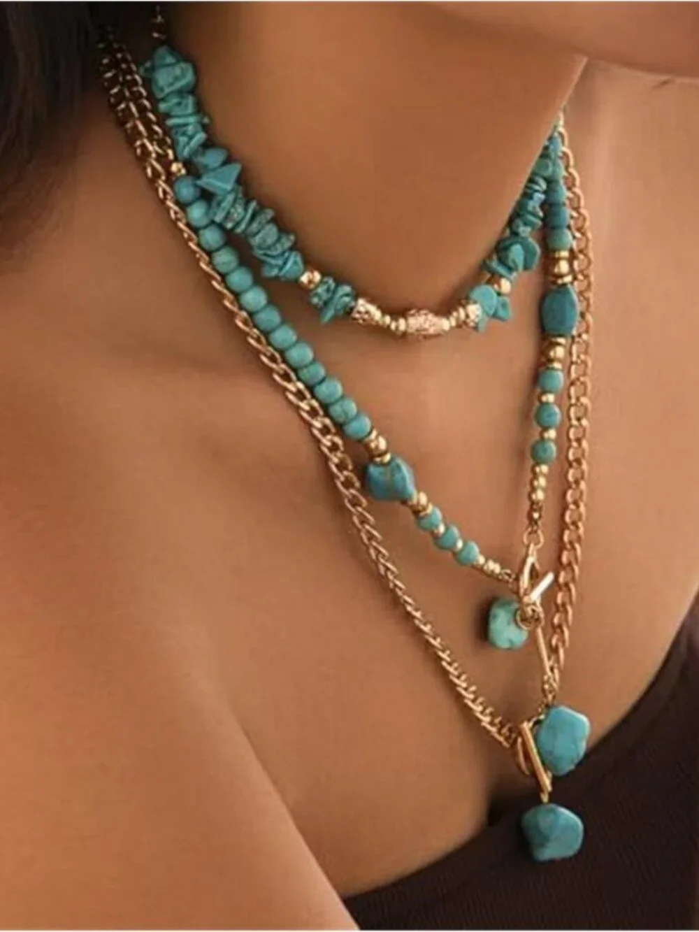 Chunky Turquoise Necklace Gold Tone Western Boho Statement Jewelry Women